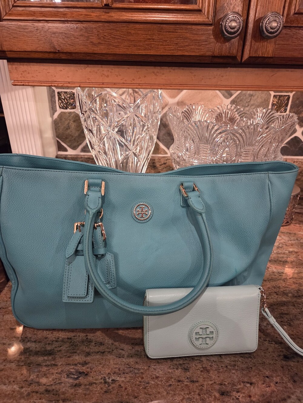 Tory Burch Turquoise Leather Tote with Gold Hardware And Light Mint Wristlet